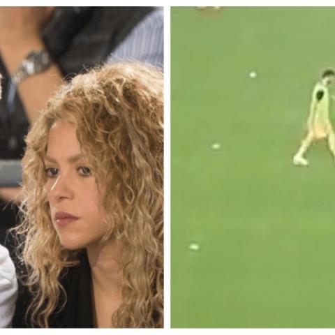 Piqué se encontraba calentando cuando comenzó a escucharse "Te felicito" de Shakira