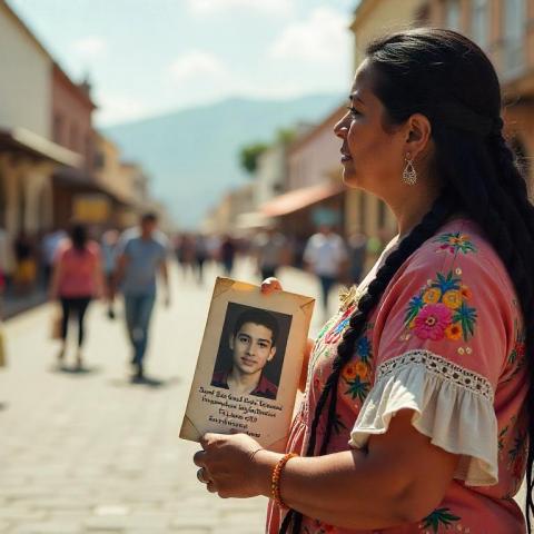 Madre con foto de hijo desaparecido